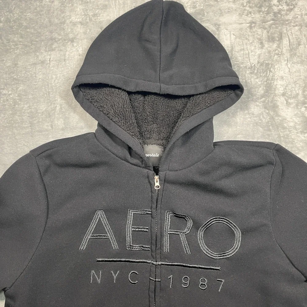 Aeropostale Full Zip Hoodie Mens 2XL Black Sherpa Lined NYC 1987 Graphic Jacket - Picture 2 of 15